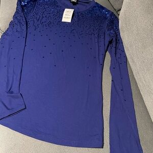 INC International Concepts Sequin Blue Long Sleeve Blouse Size Small